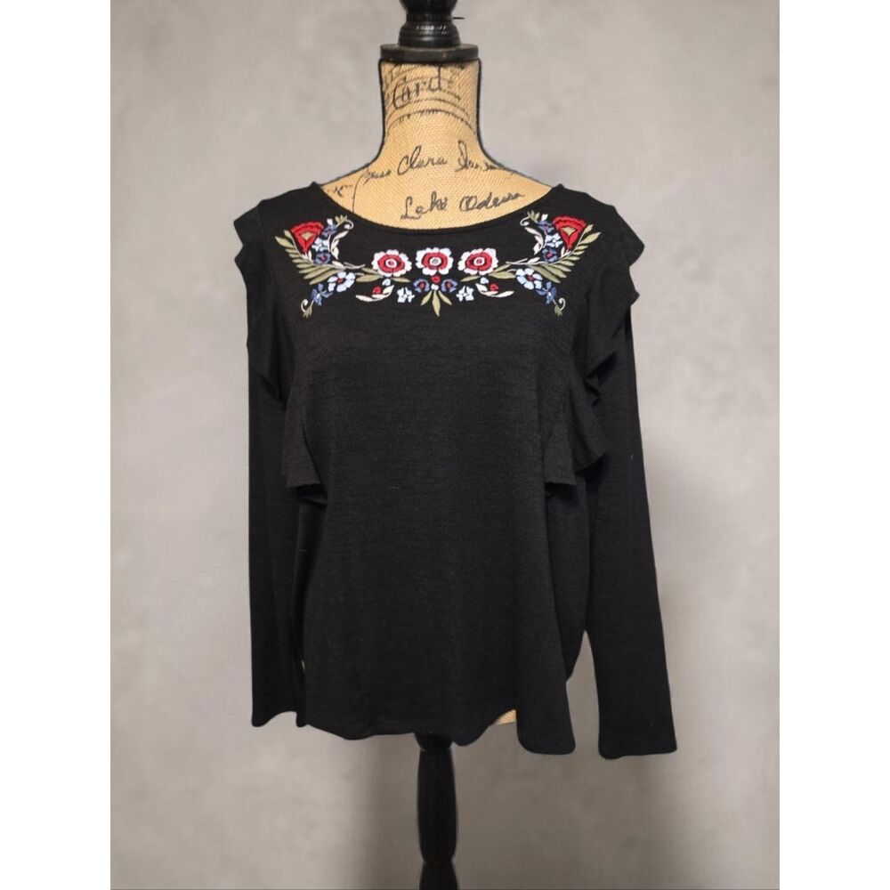 LC Lauren Conrad Black Long Sleeve Top with Floral Neck Embroidery Size XXL